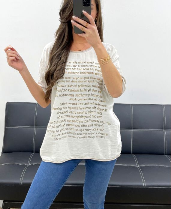 TWO-MATERIAL T-SHIRT WITH GOLD WRITING PE0798 BEIGE