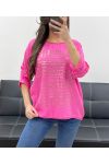 T-SHIRT UIT TWEE MATERIALEN ECRITURES GOUD PE0798 FUSHIA