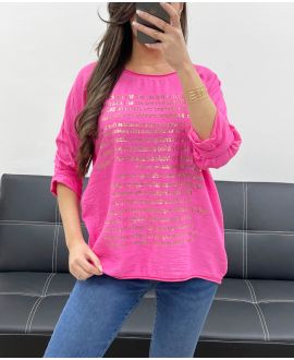 T-SHIRT UIT TWEE MATERIALEN ECRITURES GOUD PE0798 FUSHIA