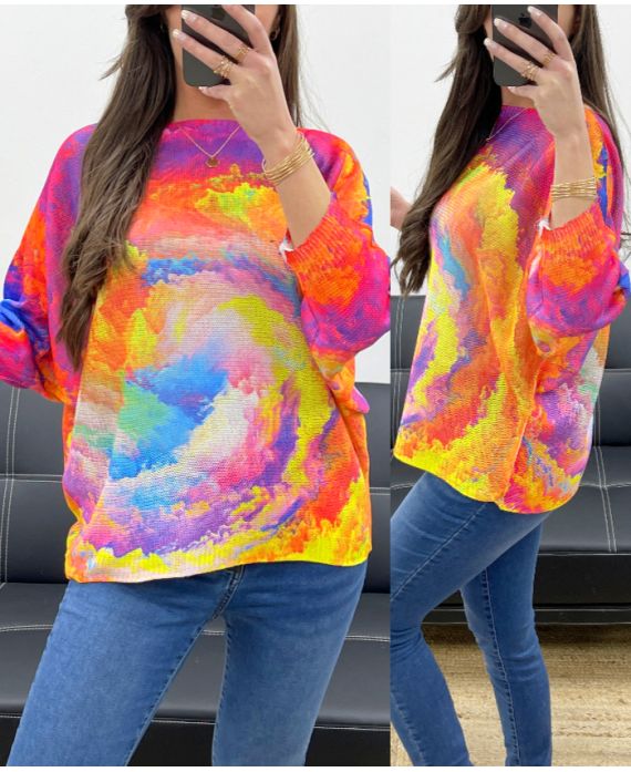 3/4 SLEEVE PRINTED SWEATER P0847-1 TIE AND DYE 1