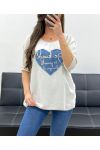 BI-MATERIAL T-SHIRT HEART JEANS PE0750 BEIGE