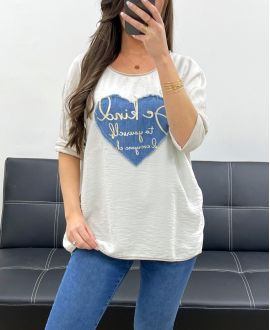 DWUMATERIAŁOWY T-SHIRT HEART JEANS PE0750 BEŻOWY