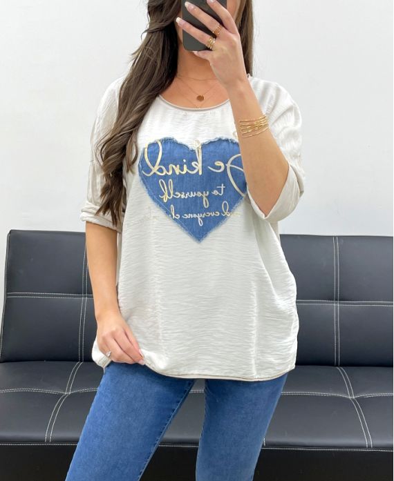 BI-MATERIAL T-SHIRT HEART JEANS PE0750 BEIGE