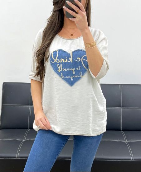 BI-MATERIAL T-SHIRT HEART JEANS PE0750 BEIGE