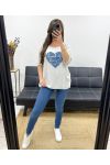 BI-MATERIAL T-SHIRT HEART JEANS PE0750 BEIGE