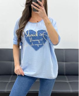 BI-MATERIAL T-SHIRT COEUR JEANS PE0750 SKY BLUE