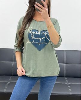 JEANS HEART BI-MATERIAL T-SHIRT PE0750 KHAKI