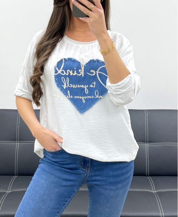 BI-MATERIAL T-SHIRT HEART JEANS PE0750 WHITE