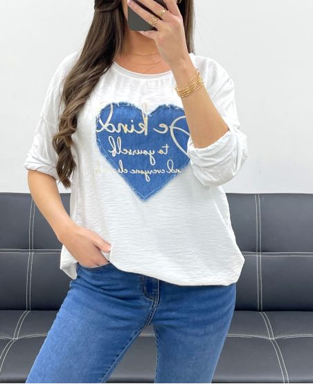 BI-MATERIAAL T-SHIRT HEART JEANS PE0750 WIT