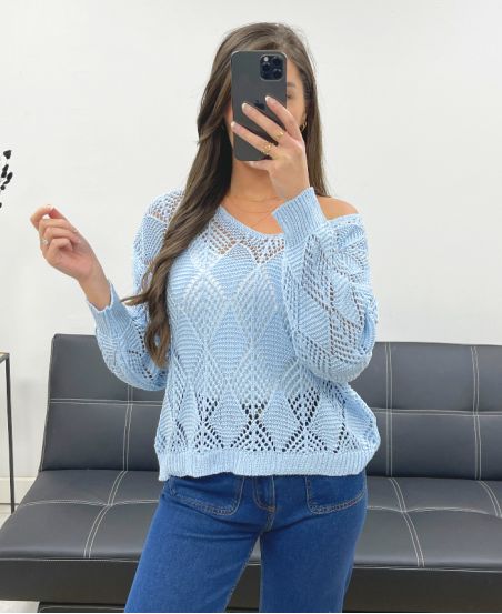 PULL CROCHET PE0458 BLEU CIEL