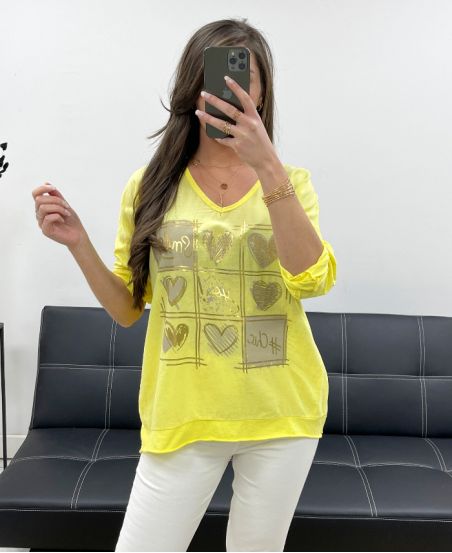 T-SHIRT BIMATERIALE COTONE-LINO SMILE PE0818 GIALLO