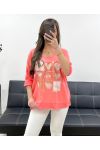 SMILE BI-MATERIAL COTTON-LINEN T-SHIRT PE0818 CORAL