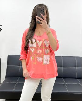 T-SHIRT COTON-LIN BI-MATIERE SMILE PE0818 CORAIL