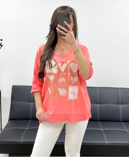 SMILE BI-MATERIAL COTTON-LINEN T-SHIRT PE0818 CORAL