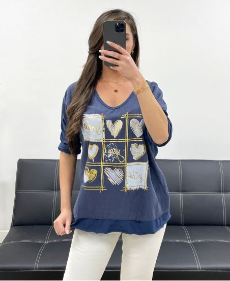 SMILE DOUBLE-MATERIAL COTTON-LINEN T-SHIRT PE0818 NAVY