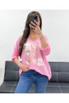 SMILE BI-MATERIAL COTTON-LINEN T-SHIRT PE0818 PINK