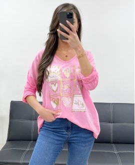 SMILE BI-MATERIAL COTTON-LINEN T-SHIRT PE0818 PINK