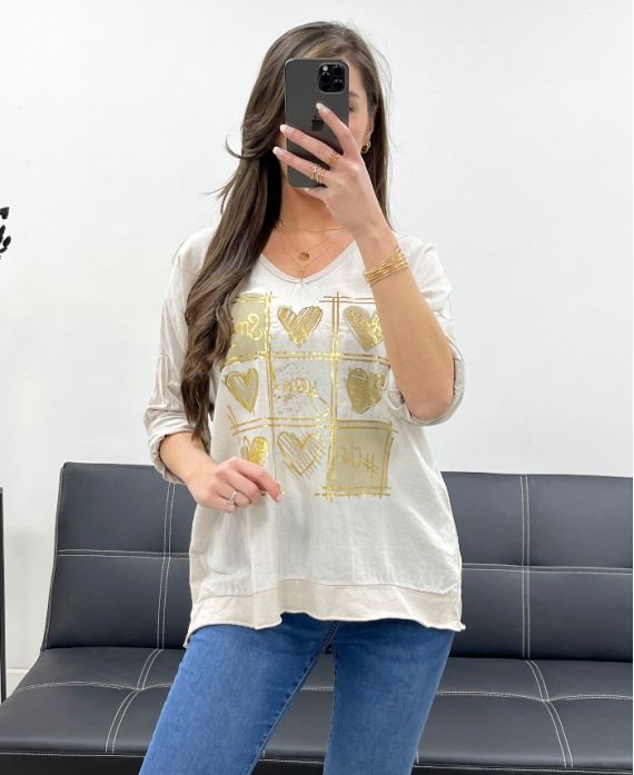 T-SHIRT COTON-LIN BI-MATIERE SMILE PE0818 BEIGE