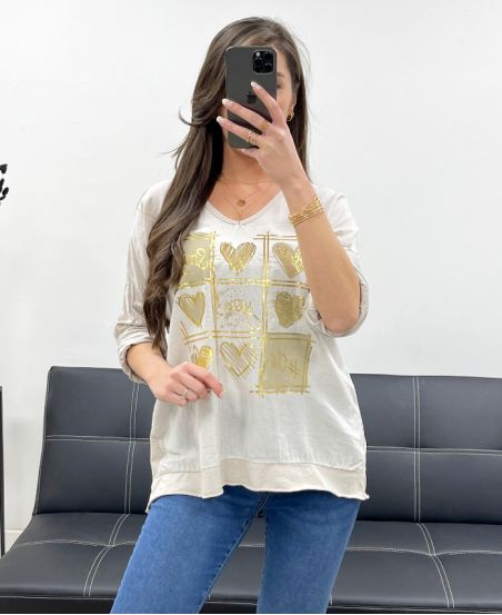 T-SHIRT SMILE BI-MATERIALE COTONE-LINO PE0818 BEIGE