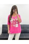 SMILE BI-MATERIAL COTTON-LINEN T-SHIRT PE0818 FUSHIA