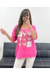 T-SHIRT COTON-LIN BI-MATIERE SMILE PE0818 FUSHIA