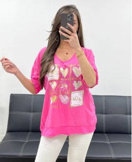 T-SHIRT COTON-LIN BI-MATIERE SMILE PE0818 FUSHIA