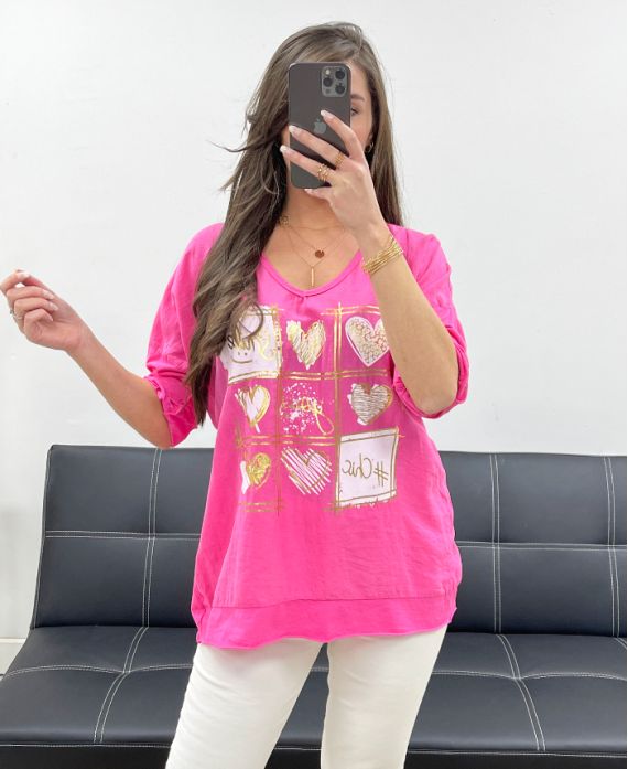 T-SHIRT SMILE BI-MATERIALE COTONE-LINO PE0818 FUCSIA