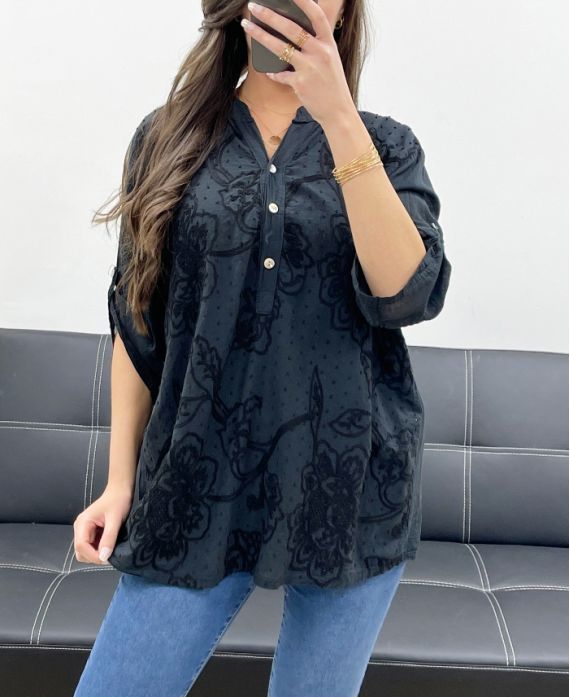 BLUSE AUS BAUMWOLLE MIT STICKEREI PE0697 SCHWARZ