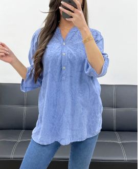 BLUSE AUS BAUMWOLLE MIT STICKEREI PE0697 BLAU JEANS