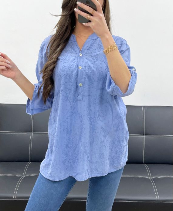 GEBORDUURDE KATOENEN BLOUSE PE0697 BLAUWE JEANS