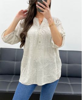 BLUSE AUS BAUMWOLLE MIT STICKEREI PE0697 BEIGE