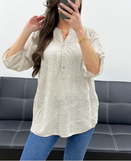 BLUSE AUS BAUMWOLLE MIT STICKEREI PE0697 BEIGE