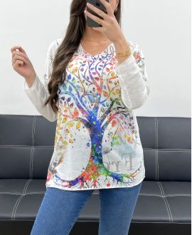 MAGLIONE LEGGERO STAMPATO PE0487 ALBERO COLORATO