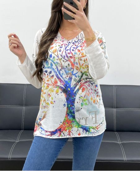 MAGLIONE LEGGERO STAMPATO PE0487 ALBERO COLORATO