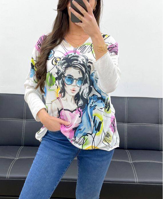 LEKKI SWETER Z NADRUKIEM PE0487 MODA DAMSKA