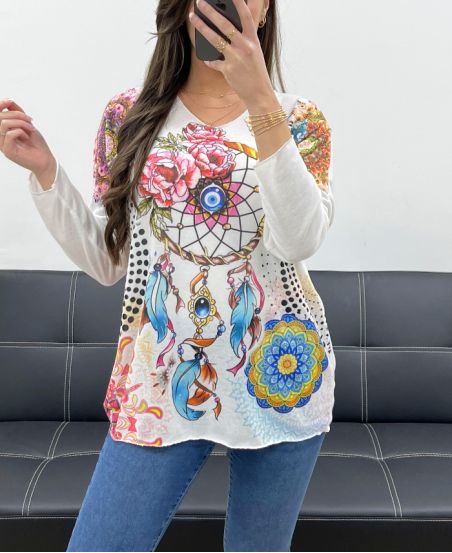 LEICHTER BEDRUCKTER PULLOVER PE0487 PACHWORK DREAM CATCHER