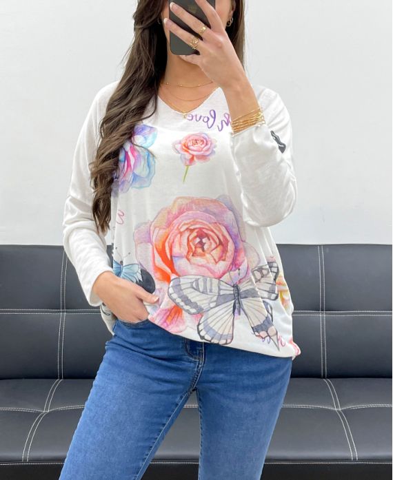 LEICHTER BEDRUCKTER PULLOVER PE0487 BLUMEN MIT LIEBE