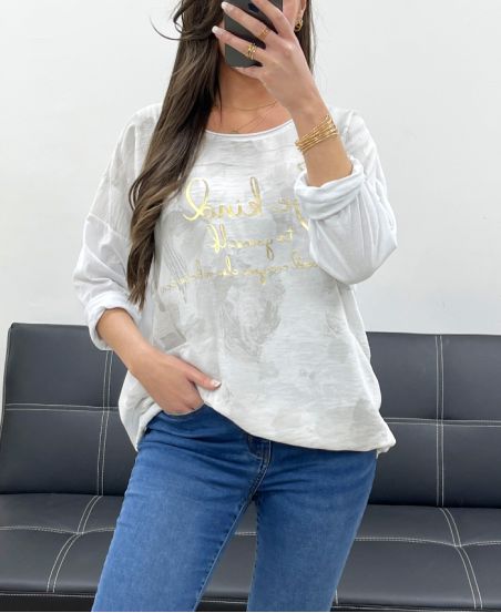 SWEAT-SHIRT BI-MATIERE FLOCAGE GOLD AVEC LIEN PE0754 BLANC