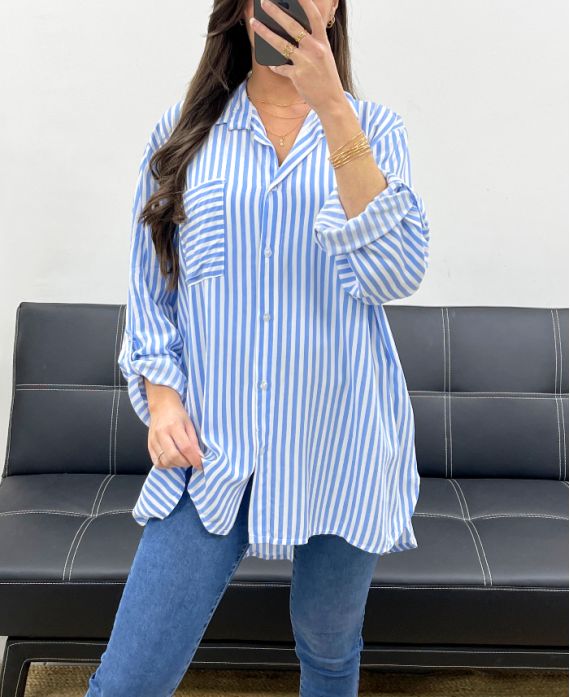 CAMICIA A RIGHE TASCHINO PE0468 AZZURRO CIELO