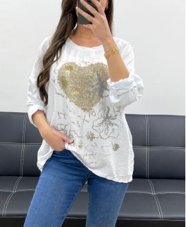 TOP BI-MATERIALE PAILLETTES CUORE PE0805 BIANCO