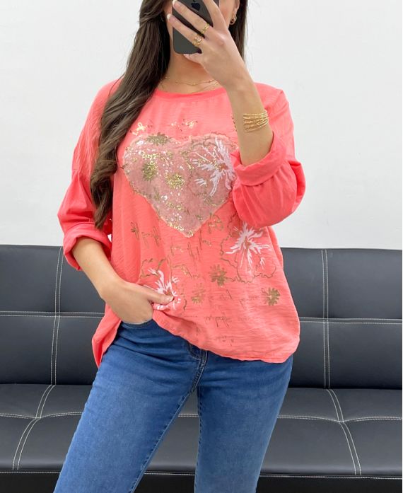 TOP BI-MATIERE COEUR PAILLETTES PE0805 CORAIL