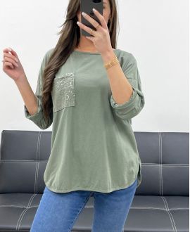 KATOENEN POCKET GLITTER T-SHIRT PE0810 KHAKI