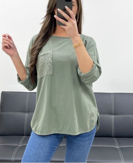 T-SHIRT IN COTONE CON TASCHINO GLITTERATO PE0810 KHAKI