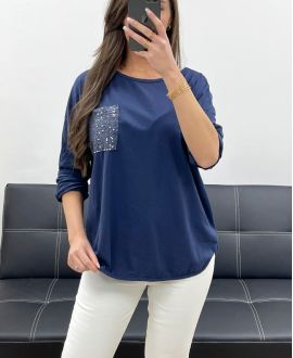 CAMISETA CON BOLSILLO DE ALGODÓN LENTEJUELAS PE0810 AZUL MARINO