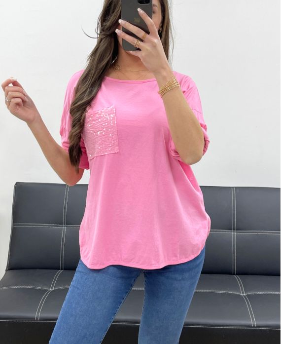 CAMISETA CON BOLSILLO DE ALGODÓN LENTEJUELAS PE0810 ROSA