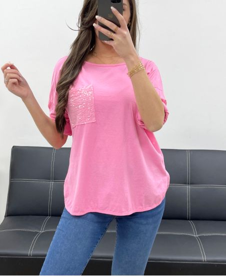 CAMISETA CON BOLSILLO DE ALGODÓN LENTEJUELAS PE0810 ROSA