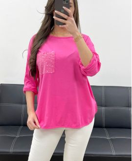 T-SHIRT IN COTONE CON TASCHINO GLITTER PE0810 FUCSIA