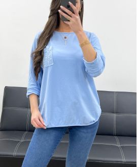 COTTON POCKET GLITTER T-SHIRT PE0810 SKY BLUE