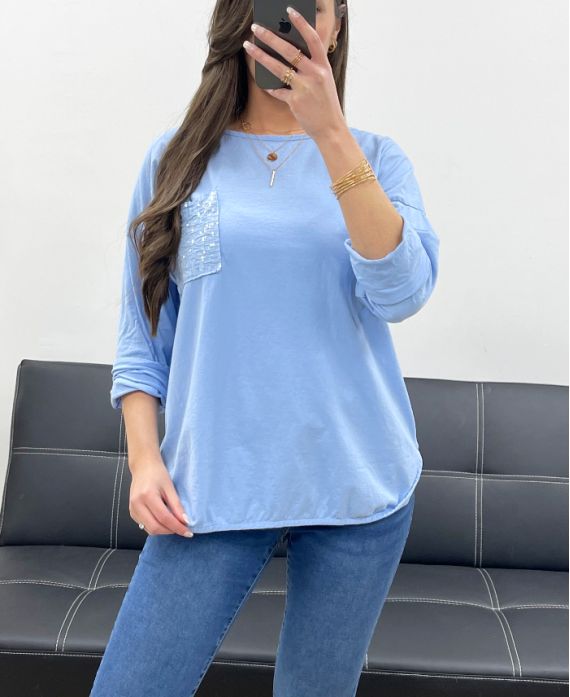 COTTON POCKET GLITTER T-SHIRT PE0810 SKY BLUE