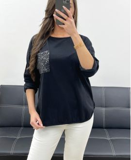 KATOENEN POCKET GLITTER T-SHIRT PE0810 ZWART